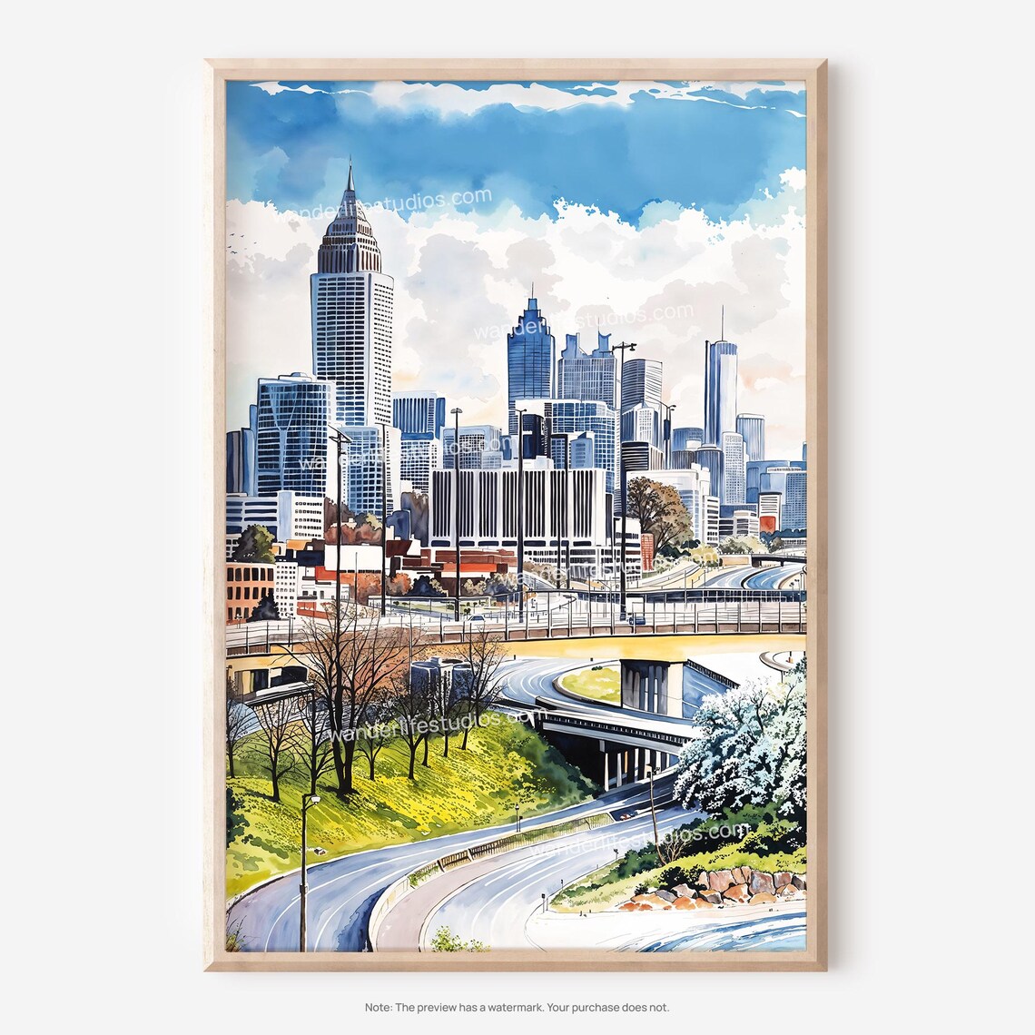 Atlanta Georgia Downtown Skyline Highway Watercolor City Poster