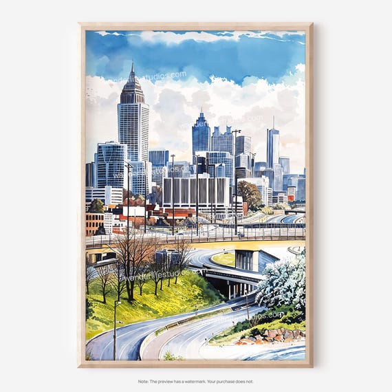 Atlanta Skyline Wall Art Urban Landscape Watercolor As
