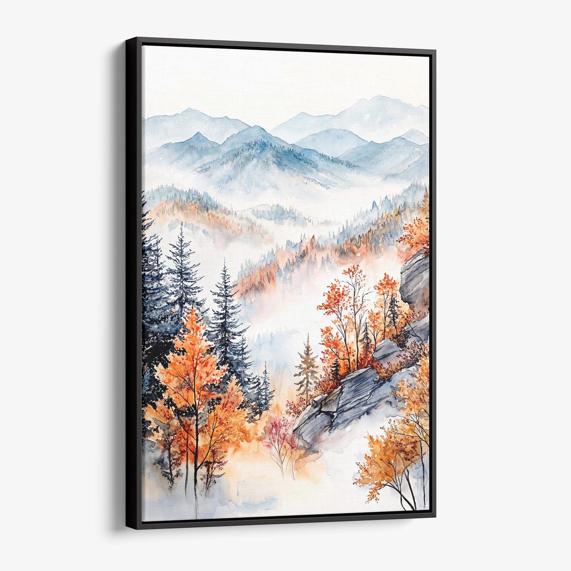 Misty Autumn Mountain Valley Fall Foliage Watercolor Landscape Poster