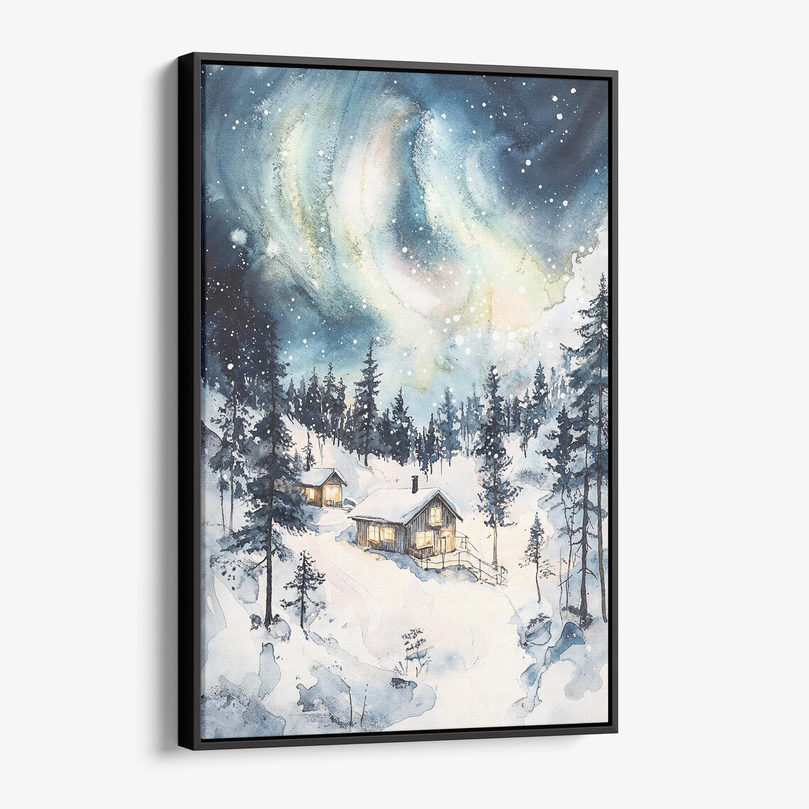 Aurora Borealis Winter Cabin Snowy Forest Watercolor Landscape Poster