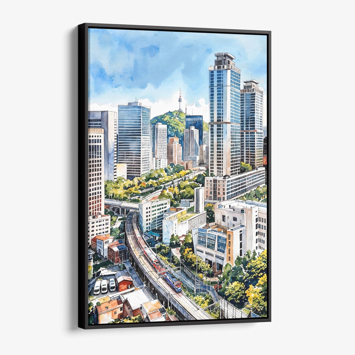 Seoul City Skyline N Seoul Tower Vibrant Watercolor Travel Poster