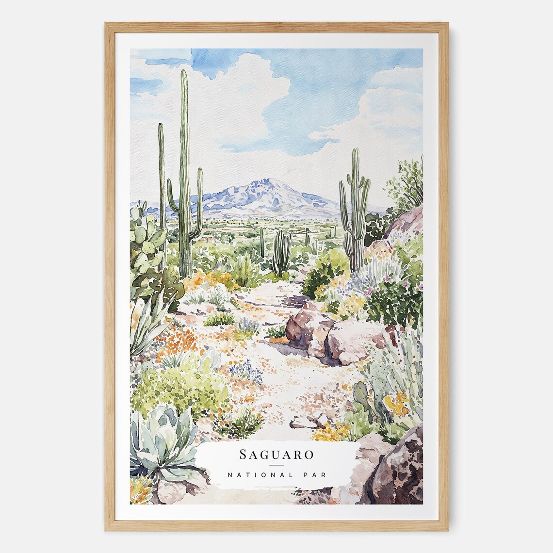 Saguaro National Park Giant Cacti Desert Watercolor Travel Poster