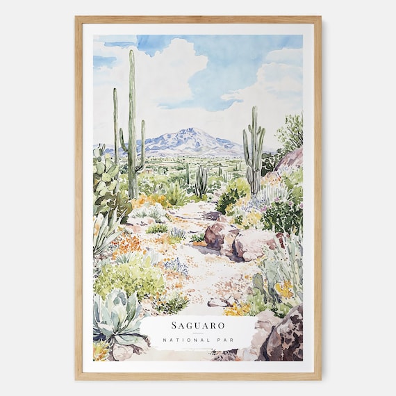 Saguaro National Park Giant Cacti Desert Watercolor Travel Poster