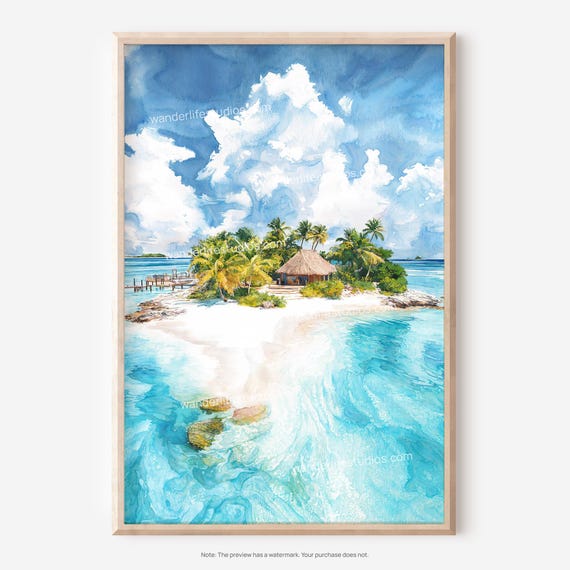 Bahamas Islands Wall Art Tropical Watercolor Beach