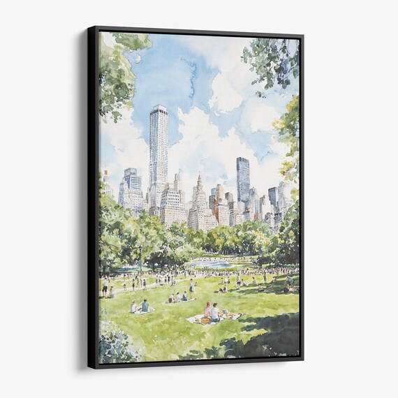 Central Park Summer Picnic NYC Skyline Green Lawn Watercolor Poster