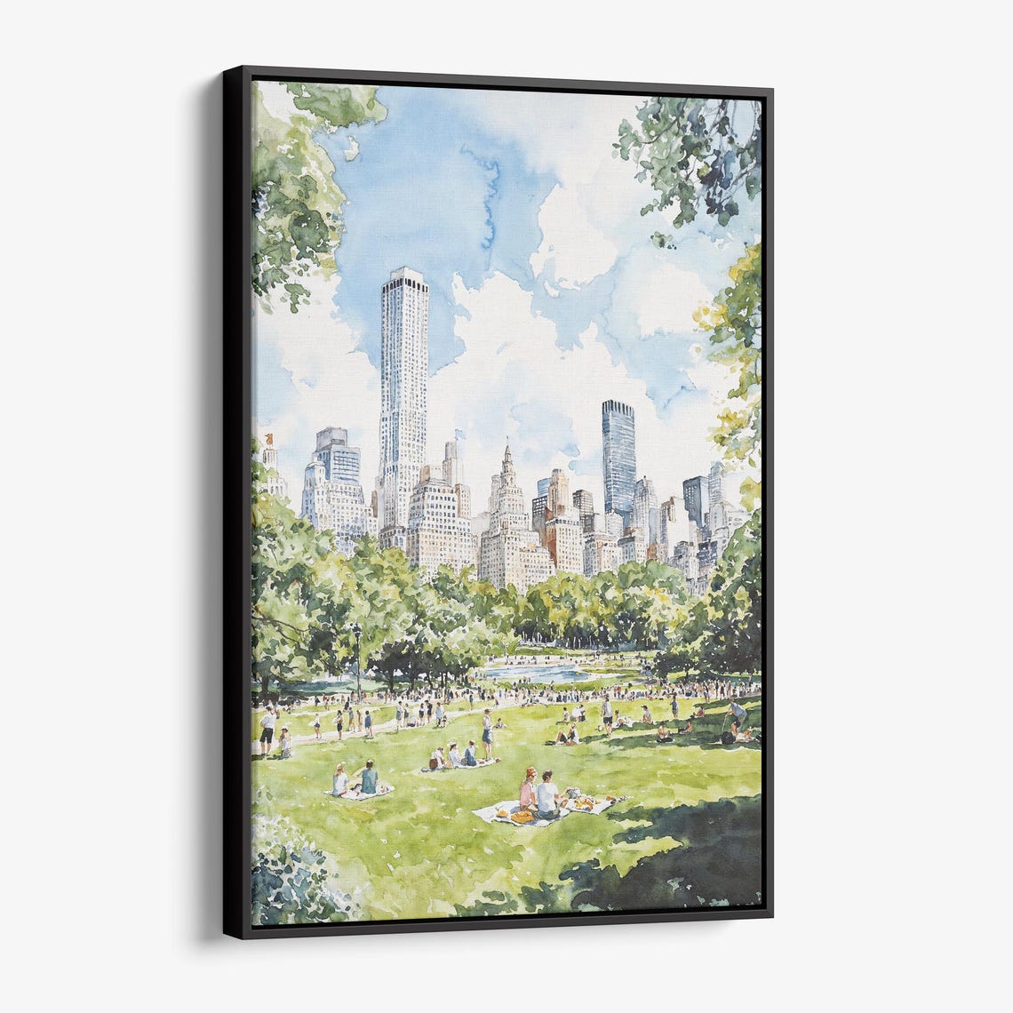 Central Park Summer Picnic NYC Skyline Green Lawn Watercolor Poster