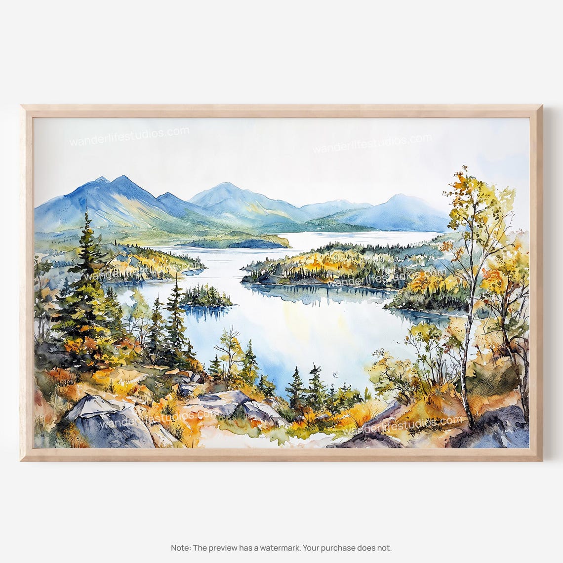 Adirondack Mountains Lake Reflections Autumn Watercolor Scene Poster