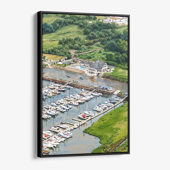 Aerial Marina Harbor Sailboats Watercolor Seaside Scenic Poster