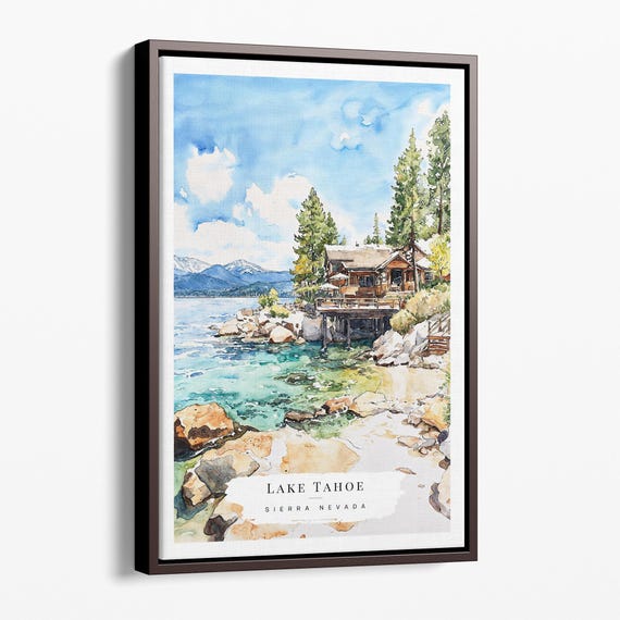 Lake Tahoe Watercolor Canvas Art Print Cabin By The