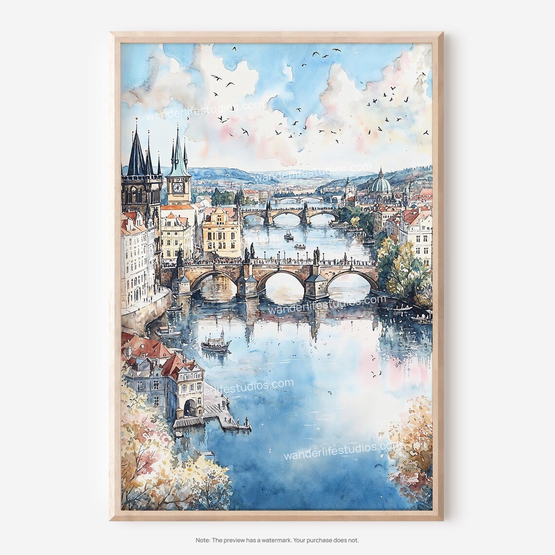 Prague Skyline Wall Art Watercolor Style For Instant Home Decor