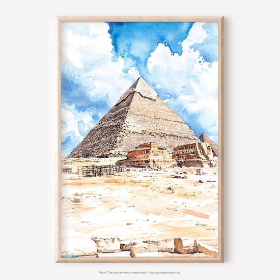 Great Pyramid of Giza Sphinx Desert Watercolor Travel Poster