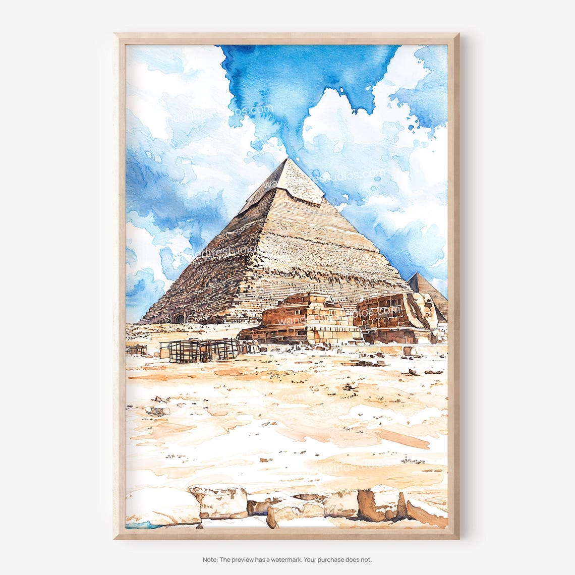 Great Pyramid of Giza Sphinx Desert Watercolor Travel Poster
