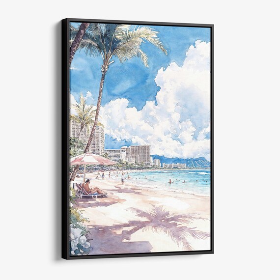 Honolulu Waikiki Beach Palm Trees Tropical Watercolor Wall Art