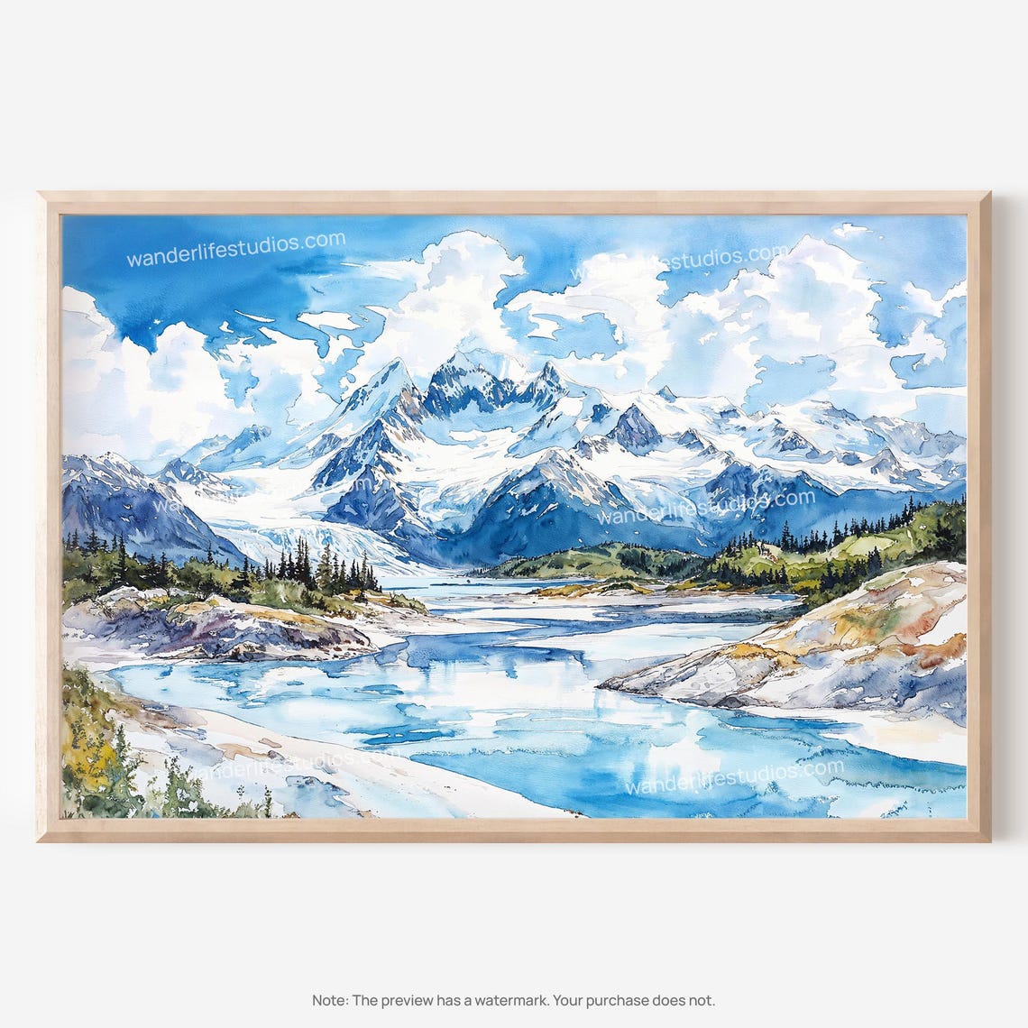 Wrangell St Elias National Park Alaska Glacier Peaks Watercolor Poster
