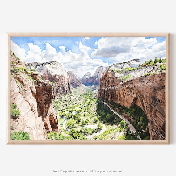 Zion National Park Watercolor Canyon Valley Red Rock Travel Poster