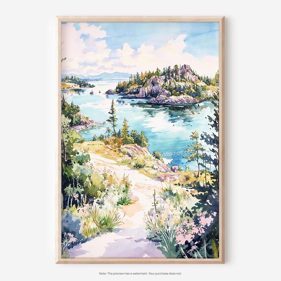 Turquoise Lake Island Watercolor Poster Pine Forest Trail Art