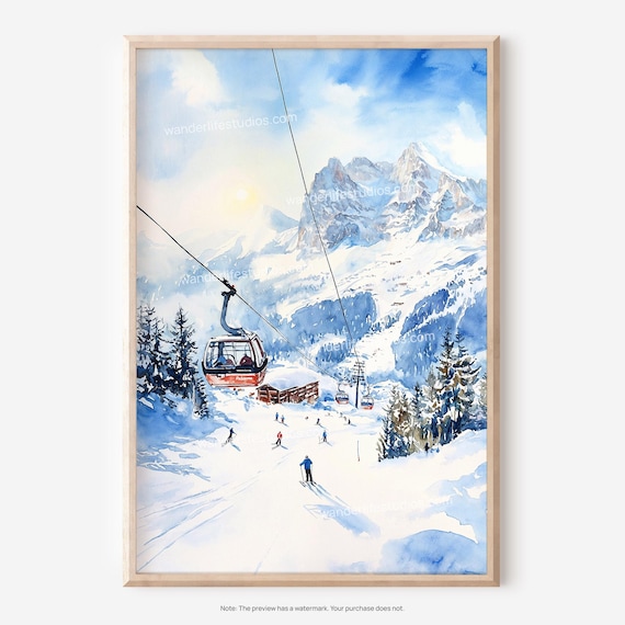 Alpine Ski Gondola Resort Watercolor Winter Sports Scene Poster