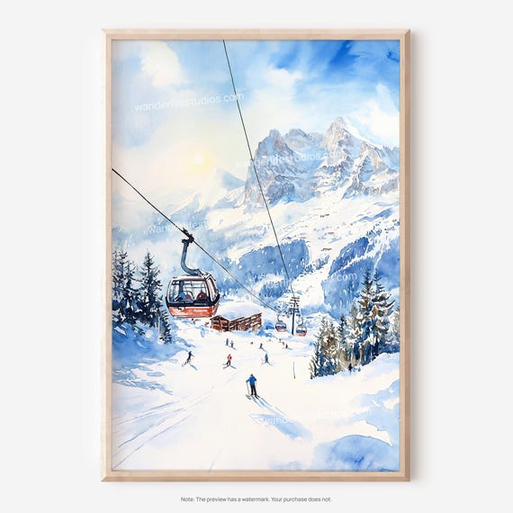 Skiing In Grindelwald Wall Art Watercolor Of Winter Sport Scene