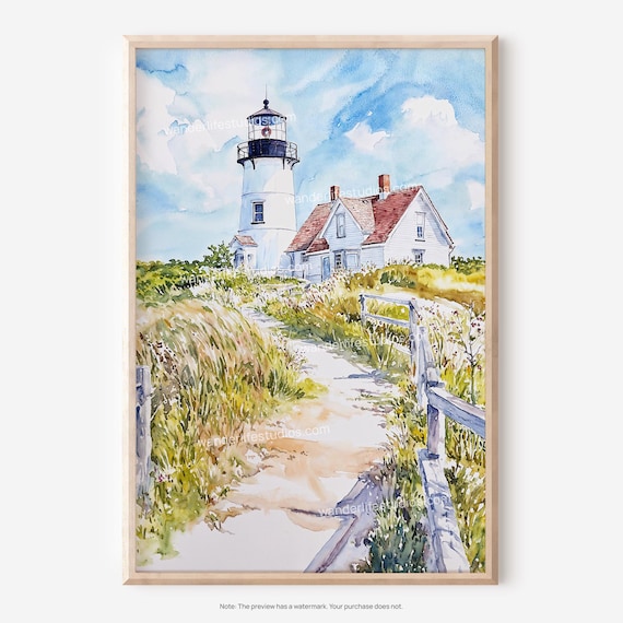 White Lighthouse with Keeper Cottage Coastal Watercolor Poster