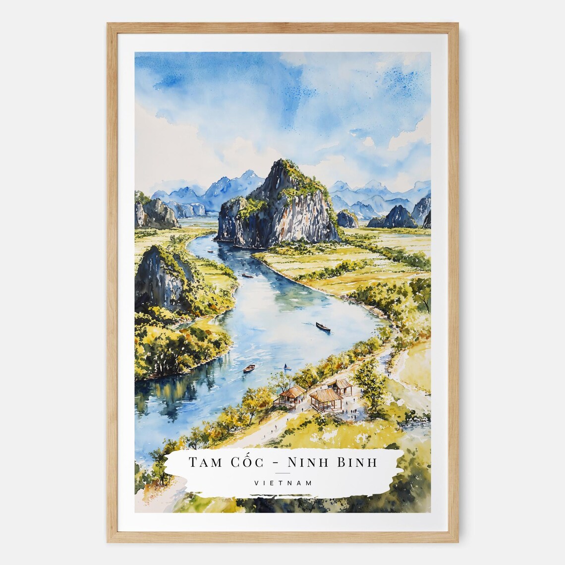 Tam Coc Ninh Binh Vietnam River Valley Watercolor Travel Poster