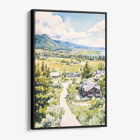 Jackson Hole Wyoming Valley Watercolor Mountain Cabin Scenic Poster
