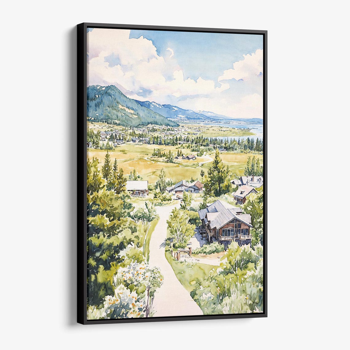 Jackson Hole Wyoming Valley Watercolor Mountain Cabin Scenic Poster