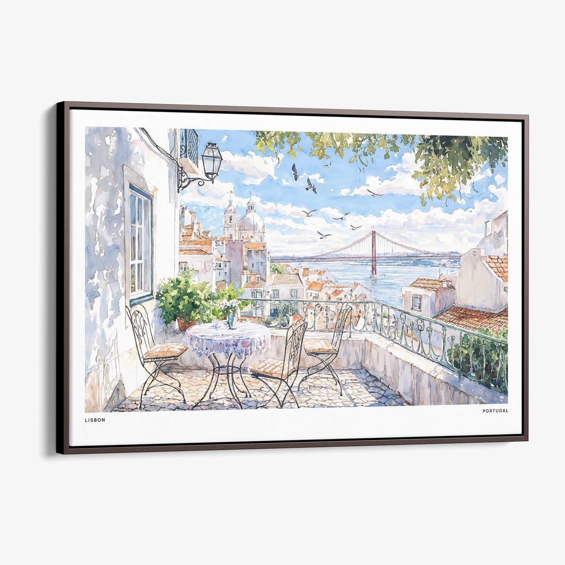 Lisbon Terrace Cafe Watercolor With Alfama And Bridge View Poster