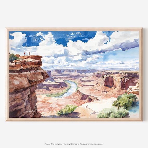 Red Rock Canyon River Overlook Vintage Watercolor Landscape Poster