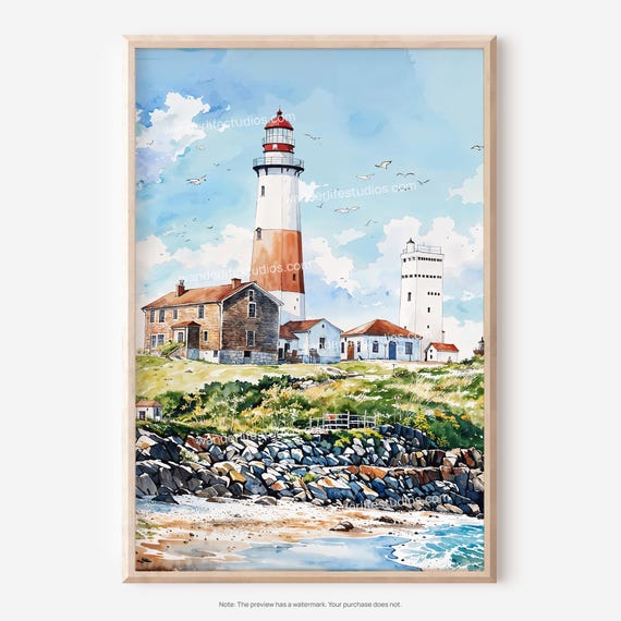 Montauk Lighthouse Wall Art Coastal Watercolor