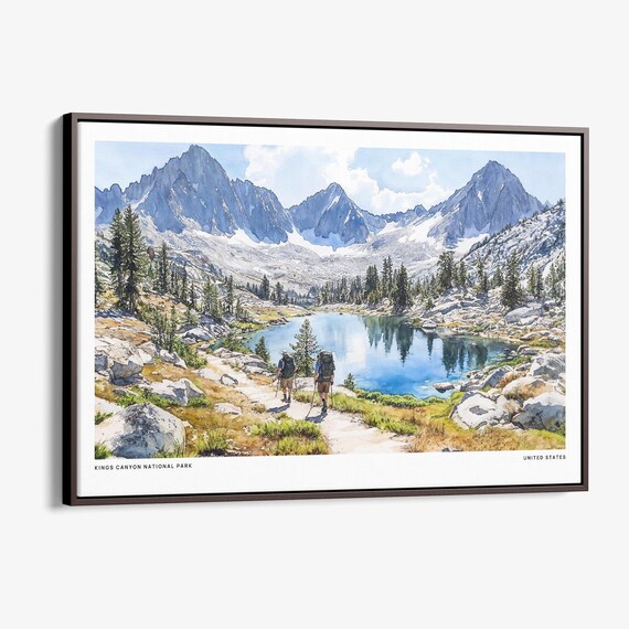 Kings Canyon National Park Watercolor Alpine Lake Hikers Poster
