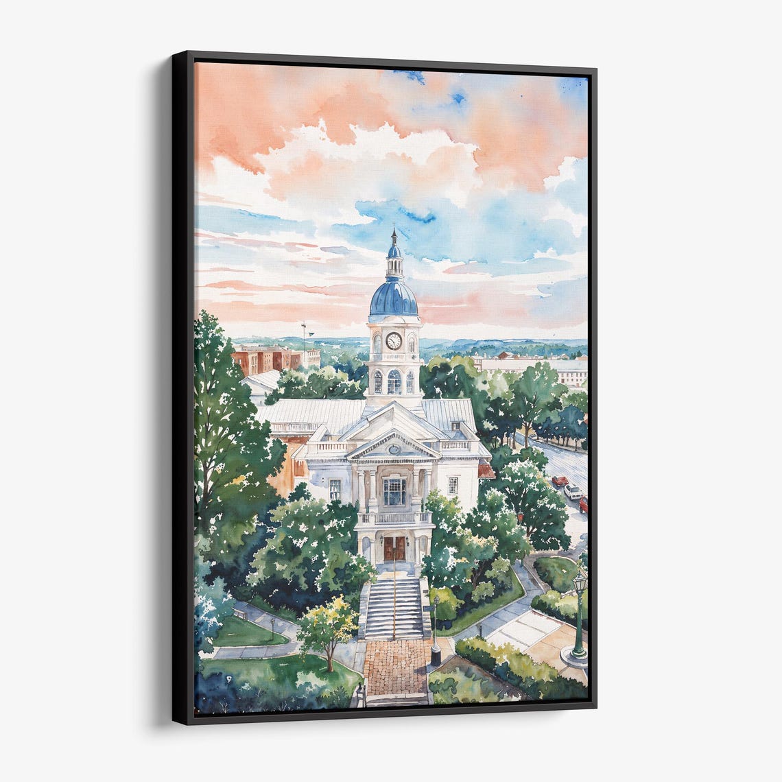 Athens Georgia Courthouse Watercolor Sunset Sky Cityscape Art Poster