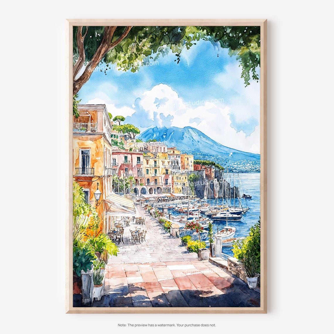 Naples Italy Watercolor Harbor Vesuvius Marina Coastal Art Poster