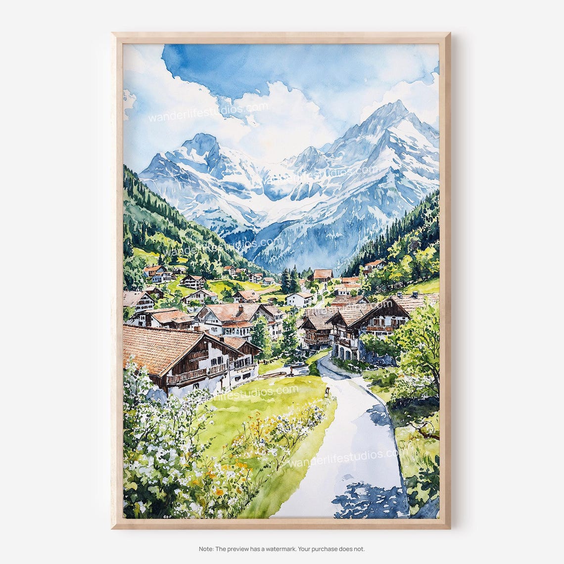 Alpine Mountain Village Watercolor Snow Peak Landscape Poster