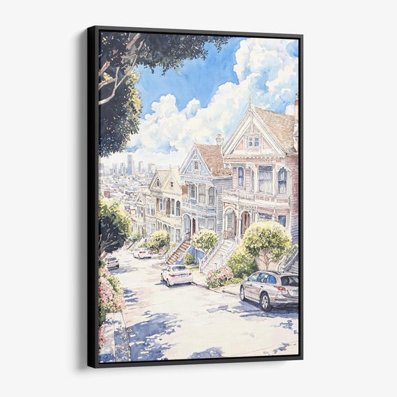 San Francisco Painted Ladies Canvas Print Watercolor Cityscape Wall Art