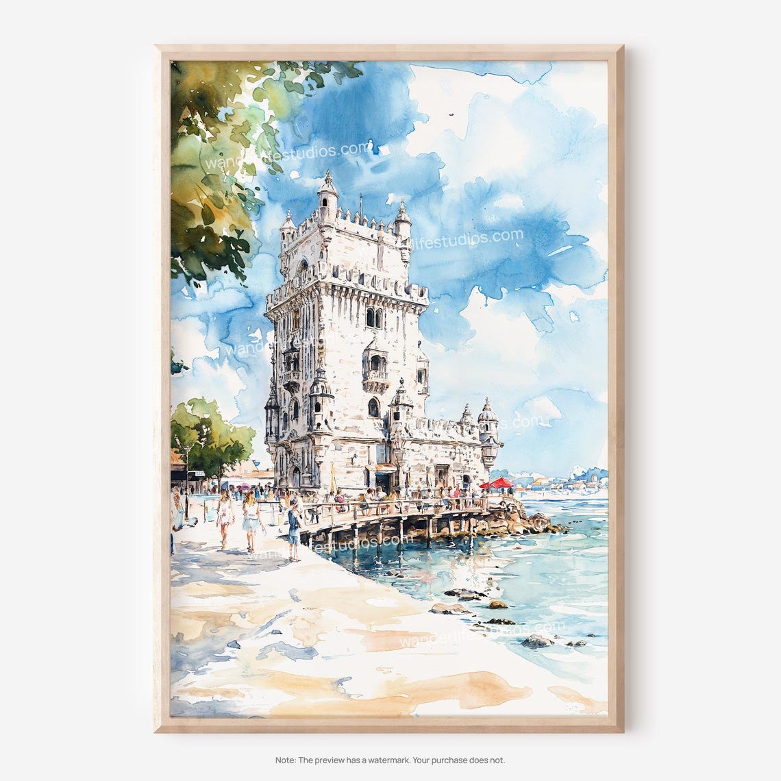 Lisbon Torre de Belem Riverside Tower Watercolor Landmark City Poster