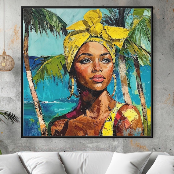 Jamaica Woman Yellow Headwrap Tropical Beach Portrait Art Poster