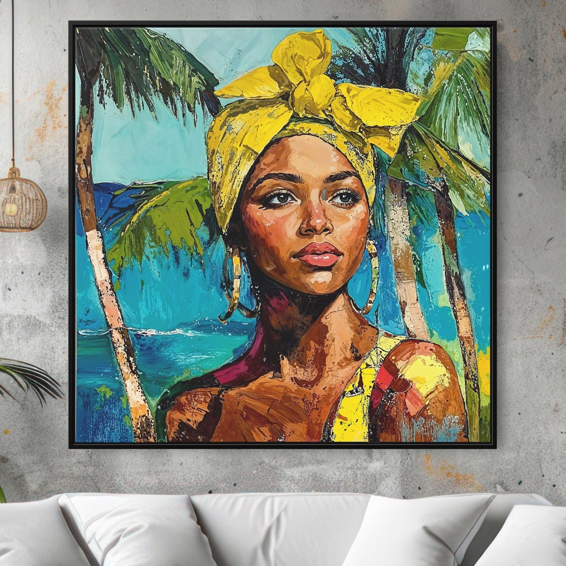 Jamaica Woman Yellow Headwrap Tropical Beach Portrait Art Poster