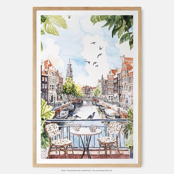 Morning Coffee In Amsterdam Watercolor Art Print Canal View With Table