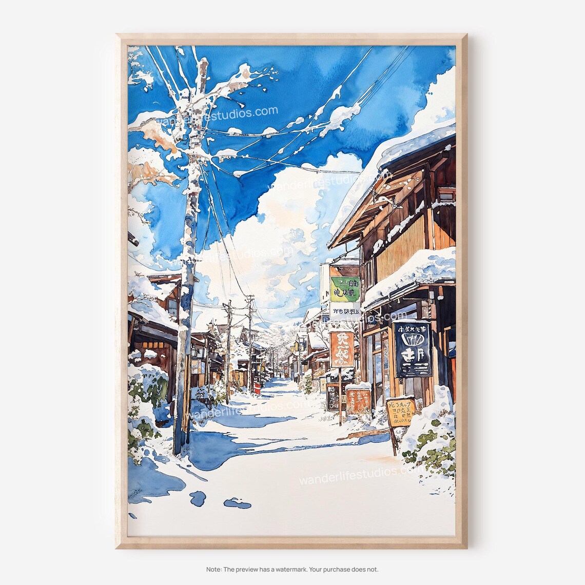 Hokkaido Japan Snowy Village Street Winter Watercolor Scene Poster