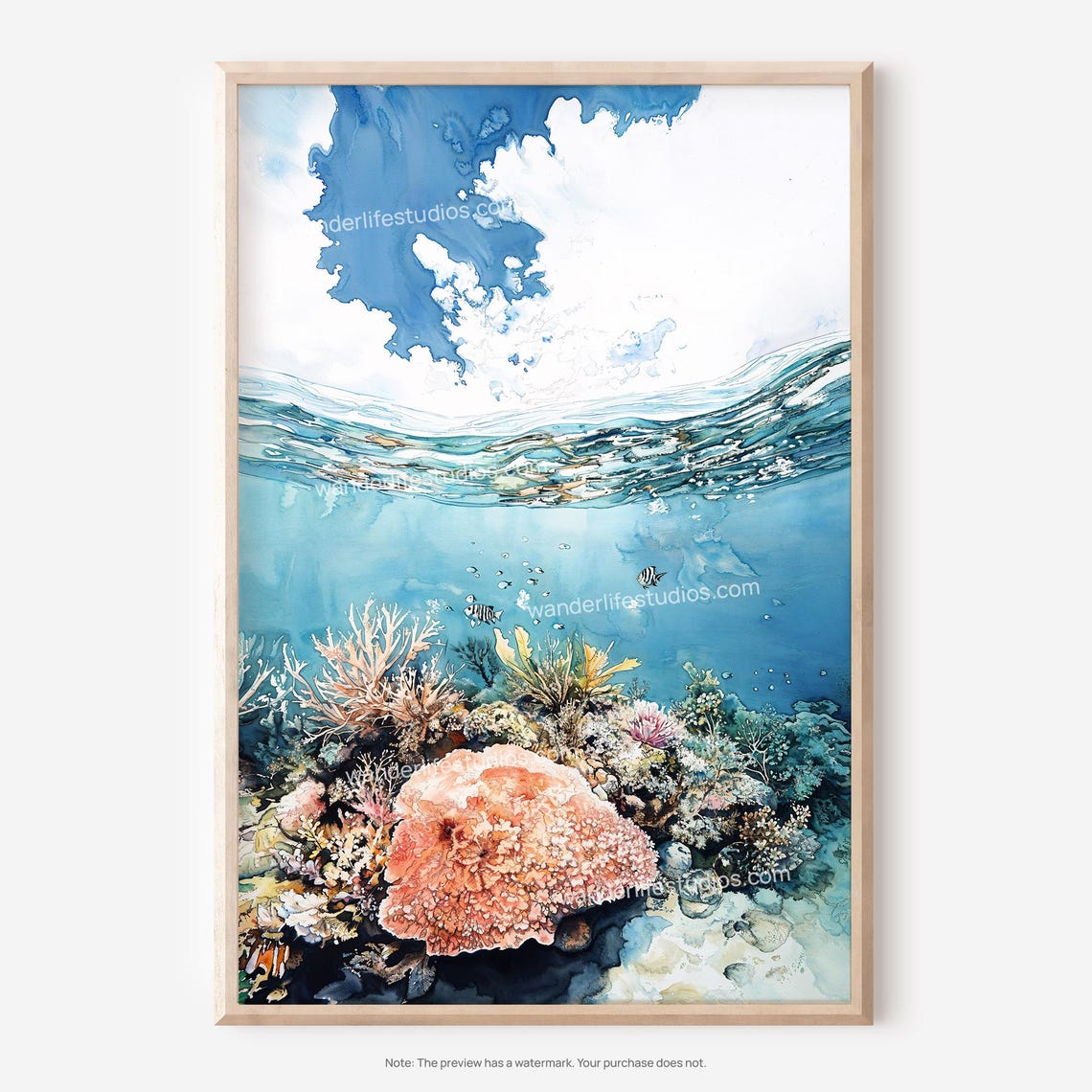 Underwater Coral Reef Watercolor Tropical Fish Ocean Scene Poster