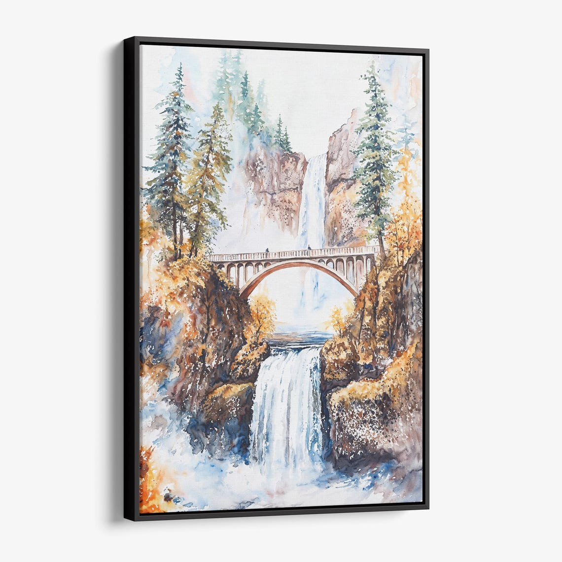 Multnomah Falls Oregon Twin Waterfall Stone Bridge Watercolor Poster