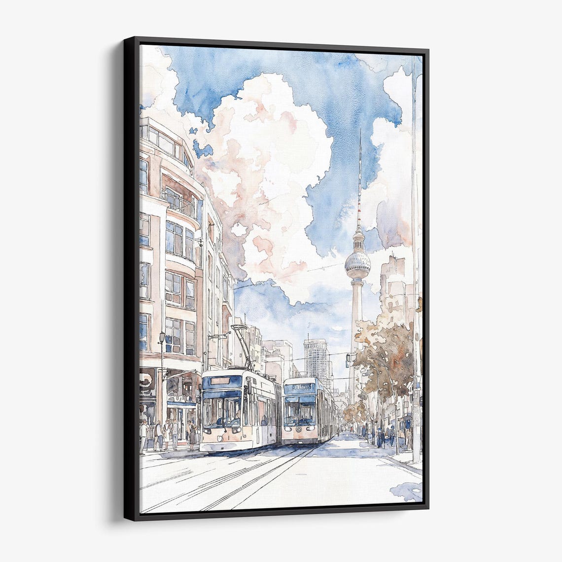 Berlin Street Watercolor Trams And TV Tower Cityscape Art Poster