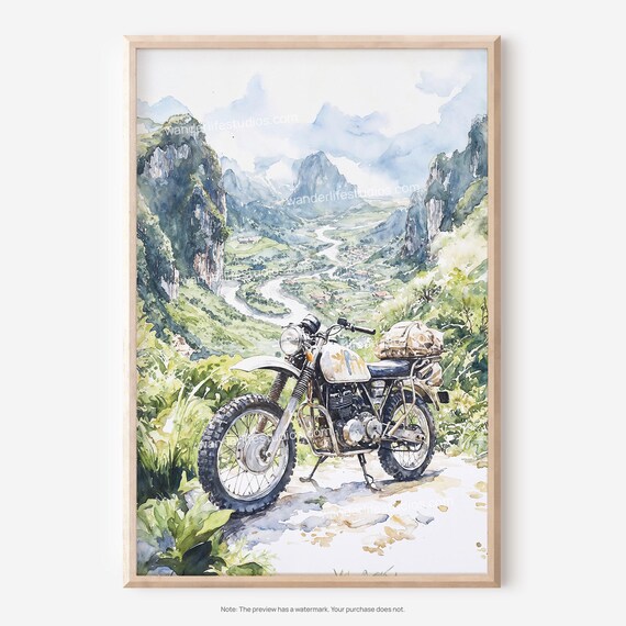 Motorcycle Mountain Overlook Watercolor Poster Adventure Travel Wall Decor