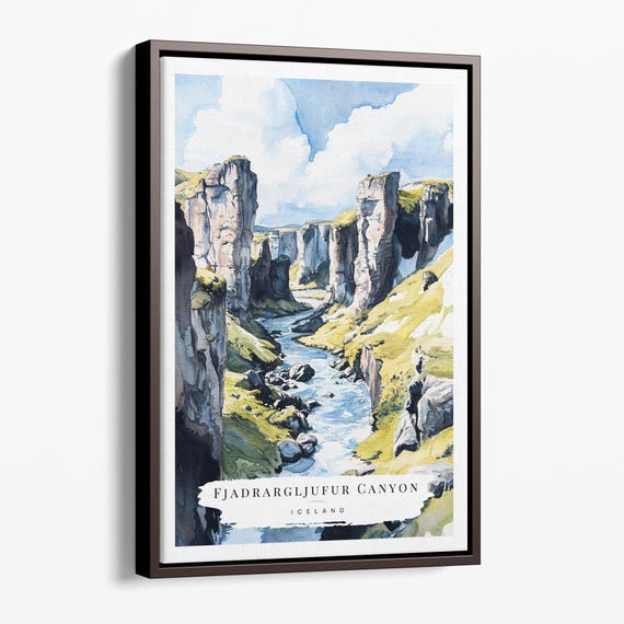 Fjadrargljufur Canyon Watercolor Canvas Art Print Icelandic Landscape Wall Decor