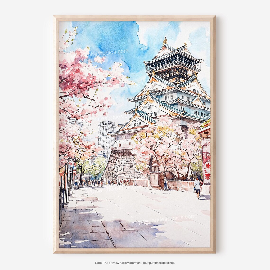 Osaka Castle Japan Cherry Blossom Spring Watercolor Travel Poster