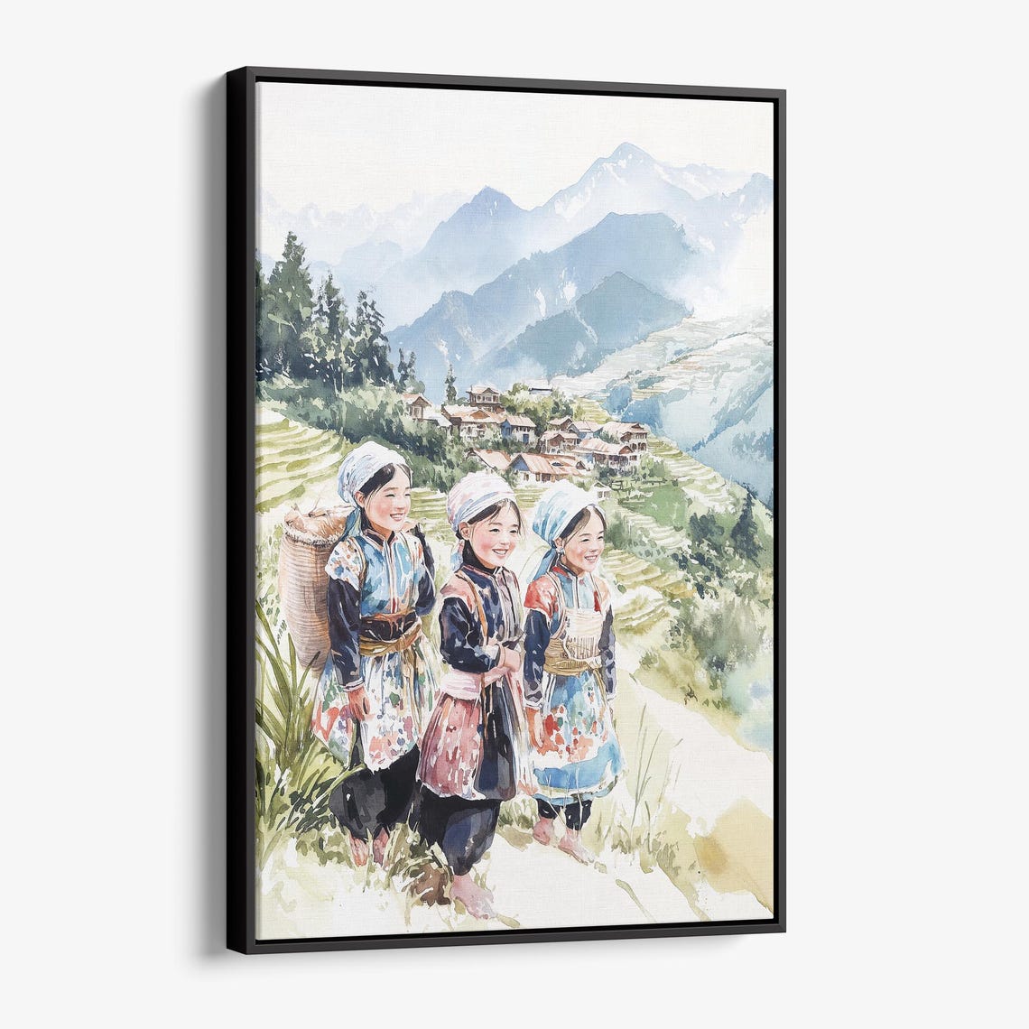Hmong Children Sapa Vietnam Watercolor Terraced Mountains Poster