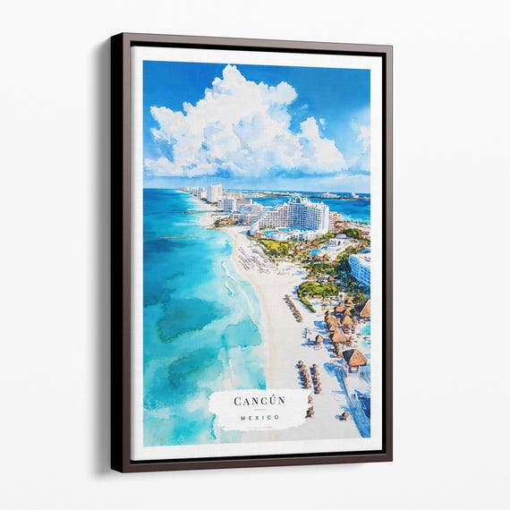 Cancun Mexico Watercolor Canvas Art Print Coastal Landscape Wall Decor