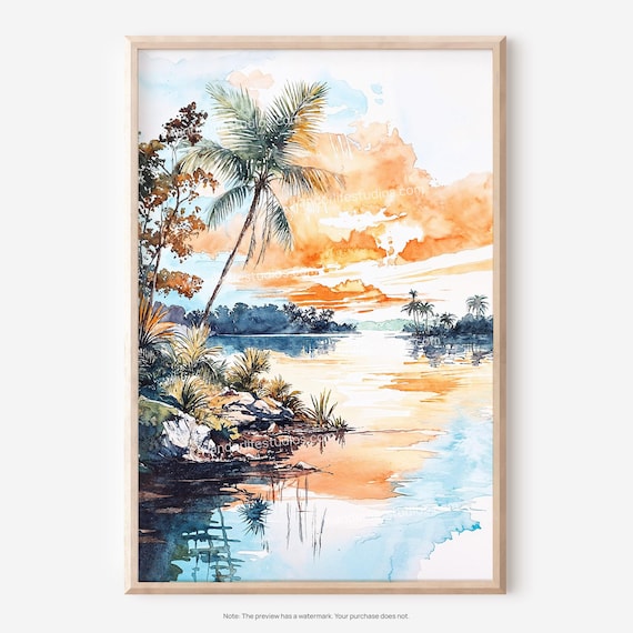 Biscayne National Park Palm Sunset Tropical Watercolor Painting Poster