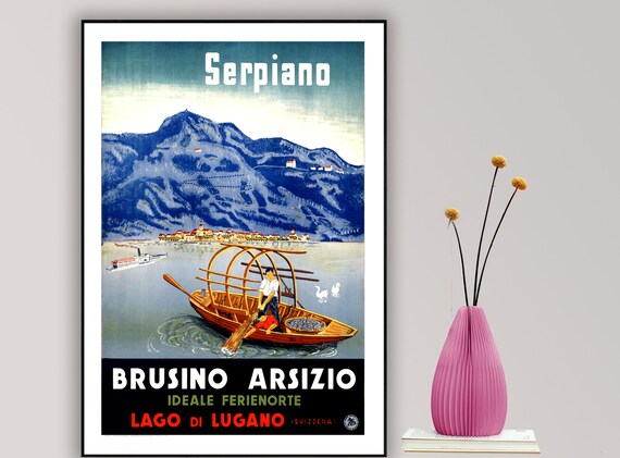 Serpiano Lago di Lugano Vintage Swiss Italian Lake Travel Poster Art
