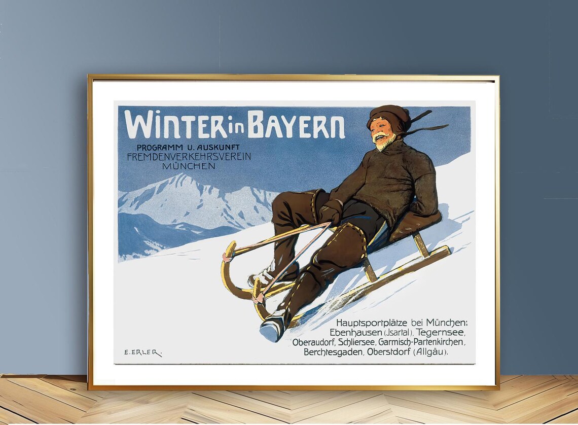 Winter In Bayern Germany Vintage Ski Travel Poster